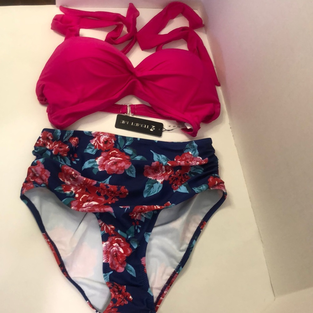 Tempt Me Pink Halter Top Floral High Waist Bottoms Two Piece Bathing Suit